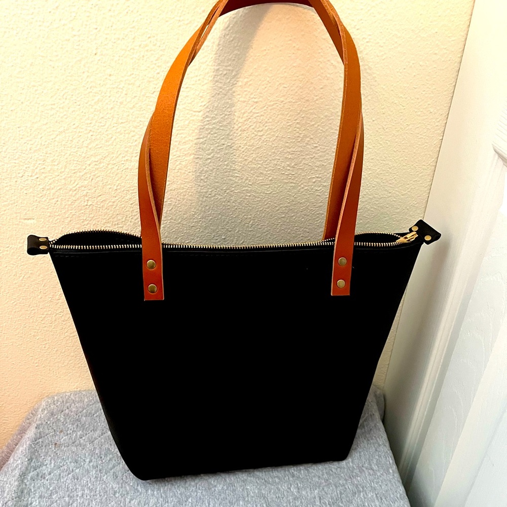 PLG Smooth Black Medium zip Tote with Tan Handles